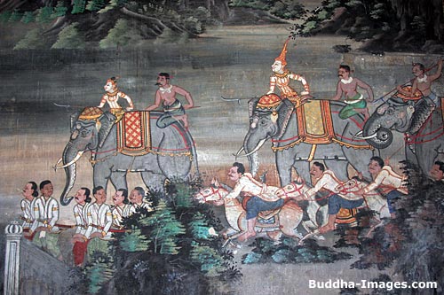 King Sanjaya and his wife Phusati, travel to the hermitage of Vessantara and his wife Maddi